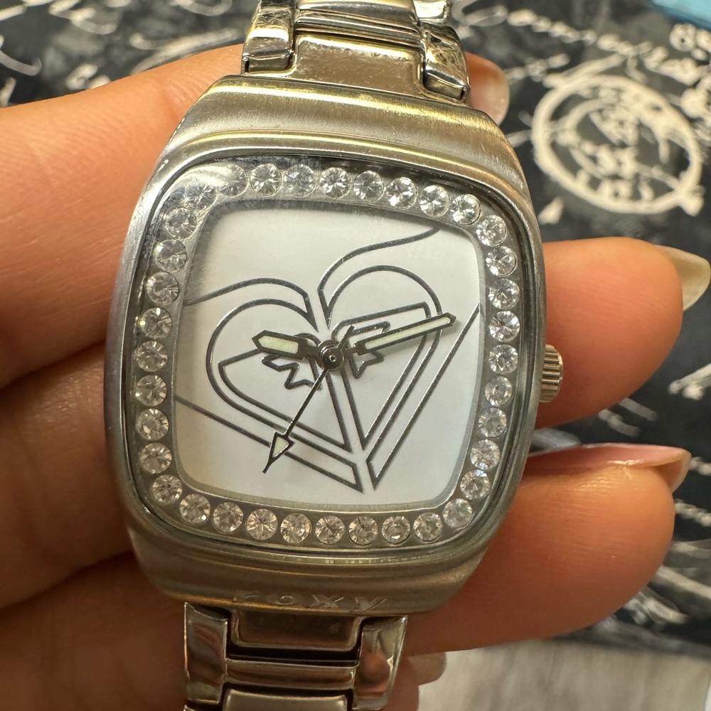 Roxy brand watch, rhinestones silver tone metal